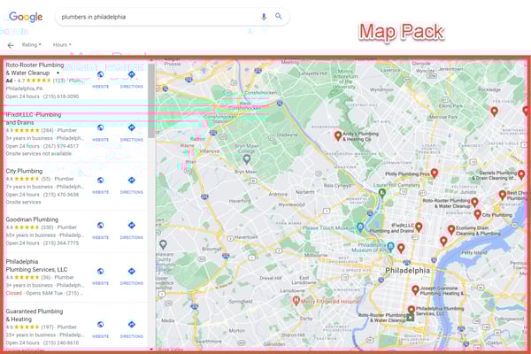 A screenshot that shows how local businesses appear within the Map Pack in the SERPs.